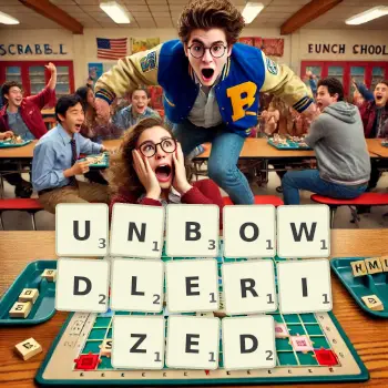 Creative illustration for a Scrabble game with the word UNBOWDLERIZED spelled out in tiles on the board.