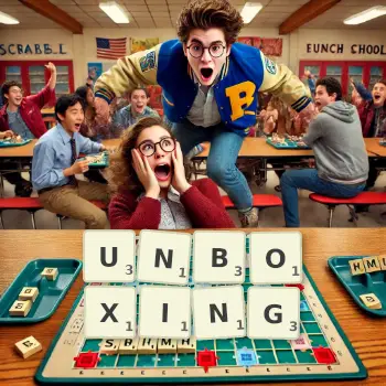 Creative illustration for a Scrabble game with the word UNBOXING spelled out in tiles on the board.