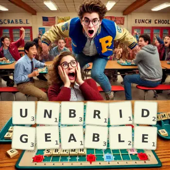 Creative illustration for a Scrabble game with the word UNBRIDGEABLE spelled out in tiles on the board.