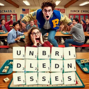 Creative illustration for a Scrabble game with the word UNBRIDLEDNESSES spelled out in tiles on the board.