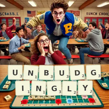 Creative illustration for a Scrabble game with the word UNBUDGINGLY spelled out in tiles on the board.