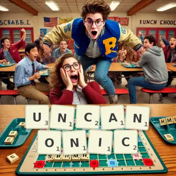Creative illustration for a Scrabble game with the word UNCANONIC spelled out in tiles on the board.