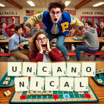 Creative illustration for a Scrabble game with the word UNCANONICAL spelled out in tiles on the board.