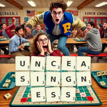 Creative illustration for a Scrabble game with the word UNCEASINGNESS spelled out in tiles on the board.