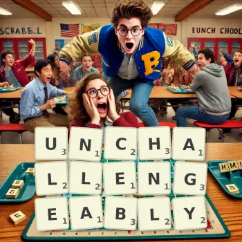 Creative illustration for a Scrabble game with the word UNCHALLENGEABLY spelled out in tiles on the board.