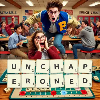 Creative illustration for a Scrabble game with the word UNCHAPERONED spelled out in tiles on the board.