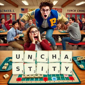 Creative illustration for a Scrabble game with the word UNCHASTITY spelled out in tiles on the board.