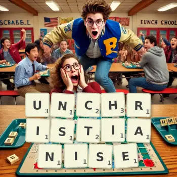 Creative illustration for a Scrabble game with the word UNCHRISTIANISE spelled out in tiles on the board.