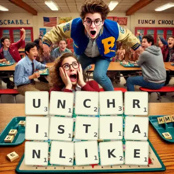 Creative illustration for a Scrabble game with the word UNCHRISTIANLIKE spelled out in tiles on the board.