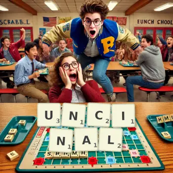 Creative illustration for a Scrabble game with the word UNCINAL spelled out in tiles on the board.