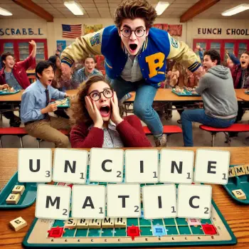 Creative illustration for a Scrabble game with the word UNCINEMATIC spelled out in tiles on the board.