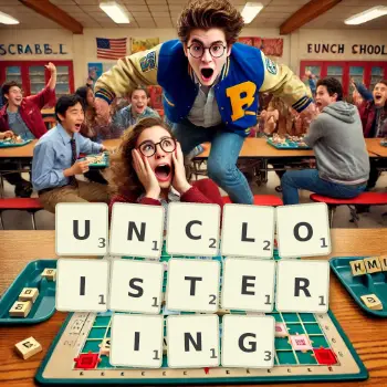 Creative illustration for a Scrabble game with the word UNCLOISTERING spelled out in tiles on the board.