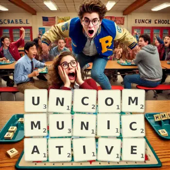 Creative illustration for a Scrabble game with the word UNCOMMUNICATIVE spelled out in tiles on the board.