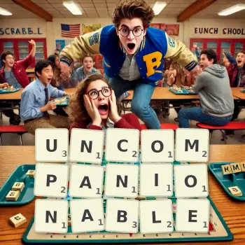 Creative illustration for a Scrabble game with the word UNCOMPANIONABLE spelled out in tiles on the board.