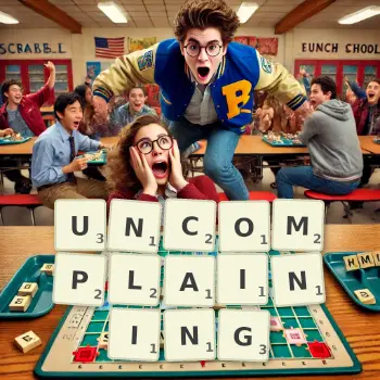 Creative illustration for a Scrabble game with the word UNCOMPLAINING spelled out in tiles on the board.