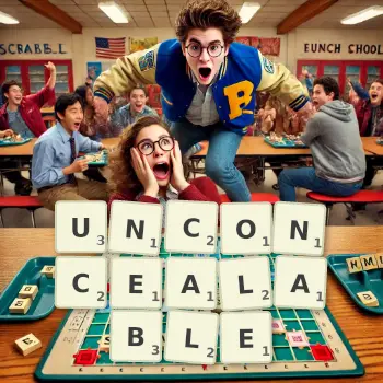 Creative illustration for a Scrabble game with the word UNCONCEALABLE spelled out in tiles on the board.