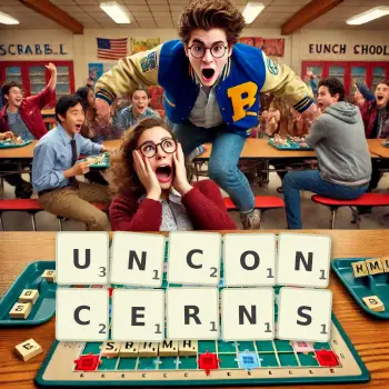 Creative illustration for a Scrabble game with the word UNCONCERNS spelled out in tiles on the board.