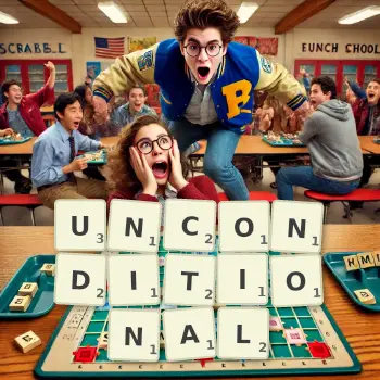 Creative illustration for a Scrabble game with the word UNCONDITIONAL spelled out in tiles on the board.