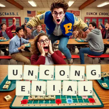 Creative illustration for a Scrabble game with the word UNCONGENIAL spelled out in tiles on the board.