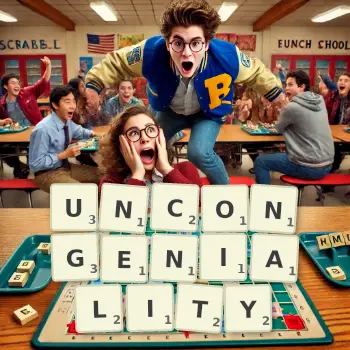 Creative illustration for a Scrabble game with the word UNCONGENIALITY spelled out in tiles on the board.