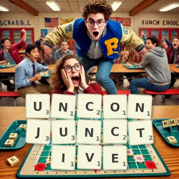 Creative illustration for a Scrabble game with the word UNCONJUNCTIVE spelled out in tiles on the board.