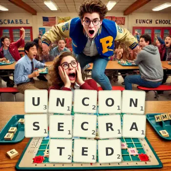 Creative illustration for a Scrabble game with the word UNCONSECRATED spelled out in tiles on the board.