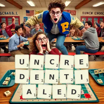 Creative illustration for a Scrabble game with the word UNCREDENTIALED spelled out in tiles on the board.