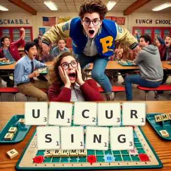 Creative illustration for a Scrabble game with the word UNCURSING spelled out in tiles on the board.