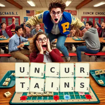 Creative illustration for a Scrabble game with the word UNCURTAINS spelled out in tiles on the board.