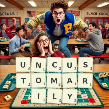 Creative illustration for a Scrabble game with the word UNCUSTOMARILY spelled out in tiles on the board.