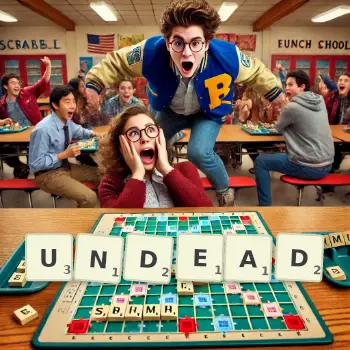 Creative illustration for a Scrabble game with the word UNDEAD spelled out in tiles on the board.