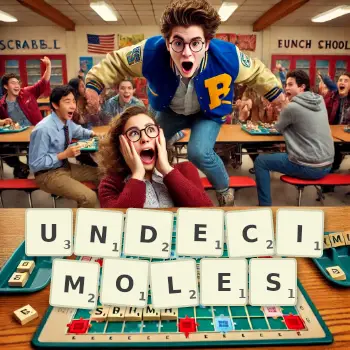 Creative illustration for a Scrabble game with the word UNDECIMOLES spelled out in tiles on the board.