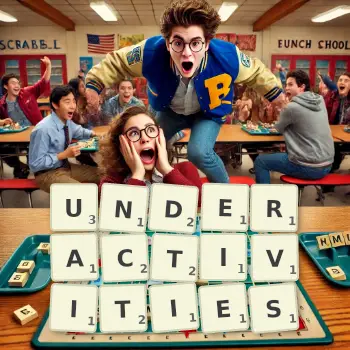 Creative illustration for a Scrabble game with the word UNDERACTIVITIES spelled out in tiles on the board.
