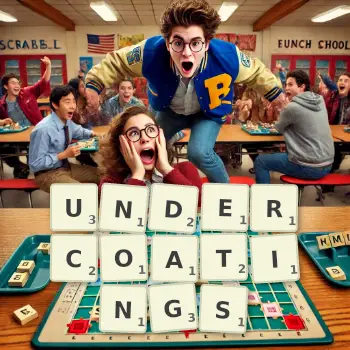 Creative illustration for a Scrabble game with the word UNDERCOATINGS spelled out in tiles on the board.