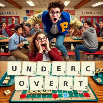 Creative illustration for a Scrabble game with the word UNDERCOVERT spelled out in tiles on the board.