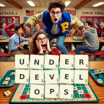 Creative illustration for a Scrabble game with the word UNDERDEVELOPS spelled out in tiles on the board.