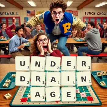Creative illustration for a Scrabble game with the word UNDERDRAINAGE spelled out in tiles on the board.