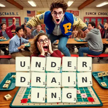 Creative illustration for a Scrabble game with the word UNDERDRAINING spelled out in tiles on the board.