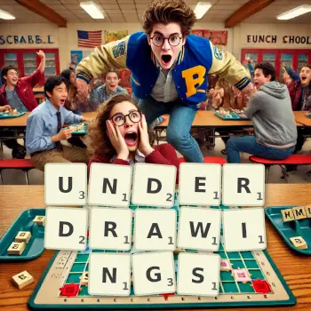 Creative illustration for a Scrabble game with the word UNDERDRAWINGS spelled out in tiles on the board.