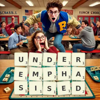 Creative illustration for a Scrabble game with the word UNDEREMPHASISED spelled out in tiles on the board.