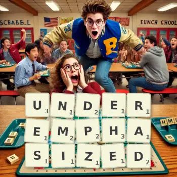 Creative illustration for a Scrabble game with the word UNDEREMPHASIZED spelled out in tiles on the board.