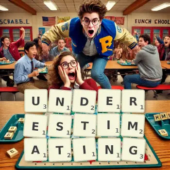 Creative illustration for a Scrabble game with the word UNDERESTIMATING spelled out in tiles on the board.