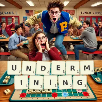 Creative illustration for a Scrabble game with the word UNDERMINING spelled out in tiles on the board.