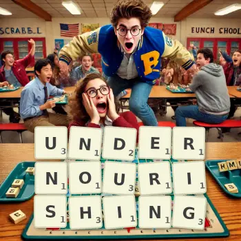 Creative illustration for a Scrabble game with the word UNDERNOURISHING spelled out in tiles on the board.