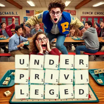 Creative illustration for a Scrabble game with the word UNDERPRIVILEGED spelled out in tiles on the board.