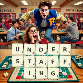 Creative illustration for a Scrabble game with the word UNDERSTAFFING spelled out in tiles on the board.