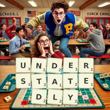 Creative illustration for a Scrabble game with the word UNDERSTATEDLY spelled out in tiles on the board.