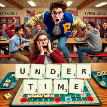 Creative illustration for a Scrabble game with the word UNDERTIME spelled out in tiles on the board.