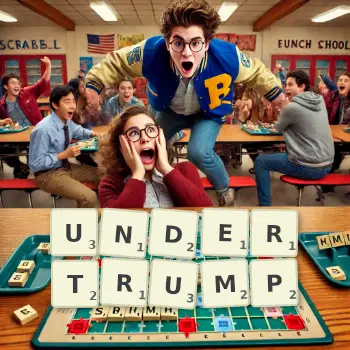 Creative illustration for a Scrabble game with the word UNDERTRUMP spelled out in tiles on the board.