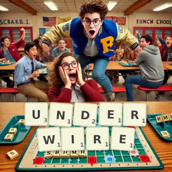Creative illustration for a Scrabble game with the word UNDERWIRE spelled out in tiles on the board.